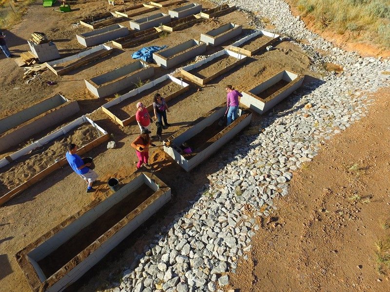 Garden beds under construction, aerial view